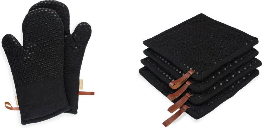CH&F silicon dots Licorice set van 6 stuks 2 ovenwanten en 4 pannenlappen zwart 100% katoen met siliconen dots