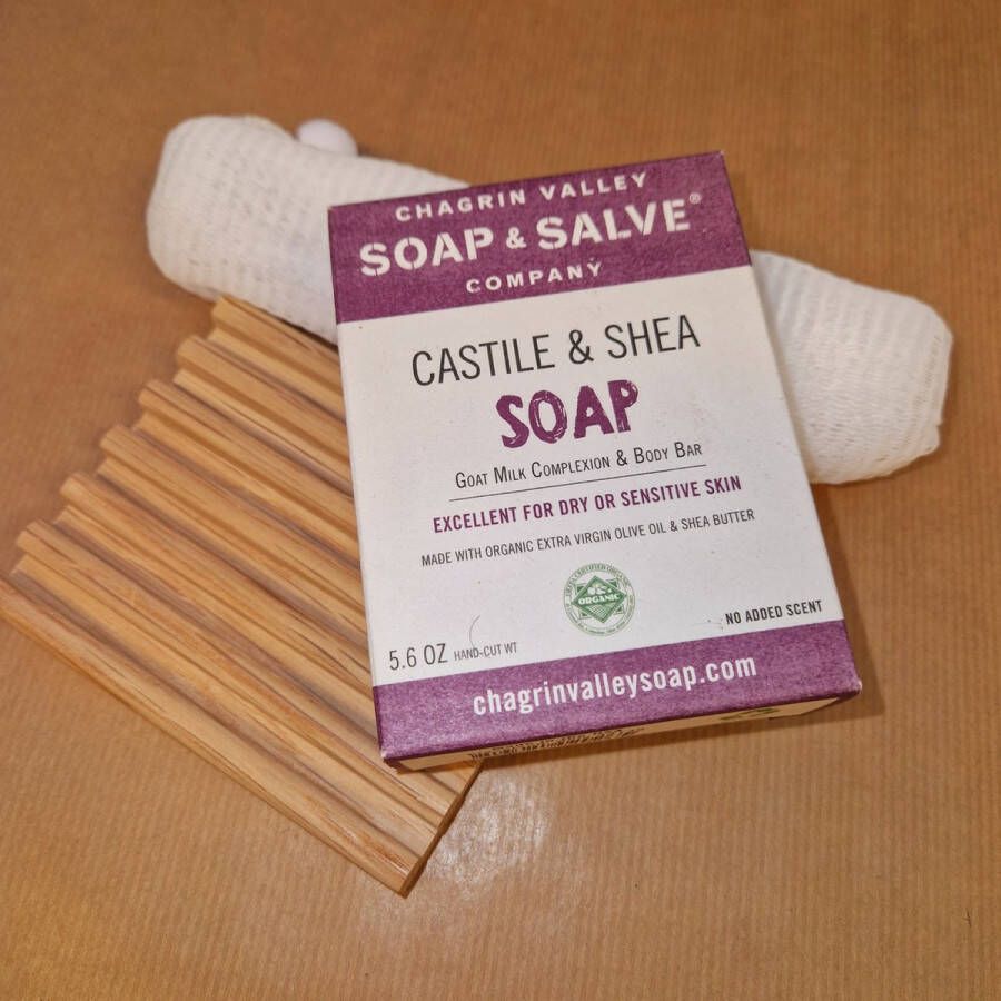 Chagrin Valley Soap and Salve Gift Set – 100 % Natuurlijke Soap Bar Castile & Shea met Washandje en houten zeepbakje Chagrin Valley Gift set Natural –- luxury soap Aanbieding !!!