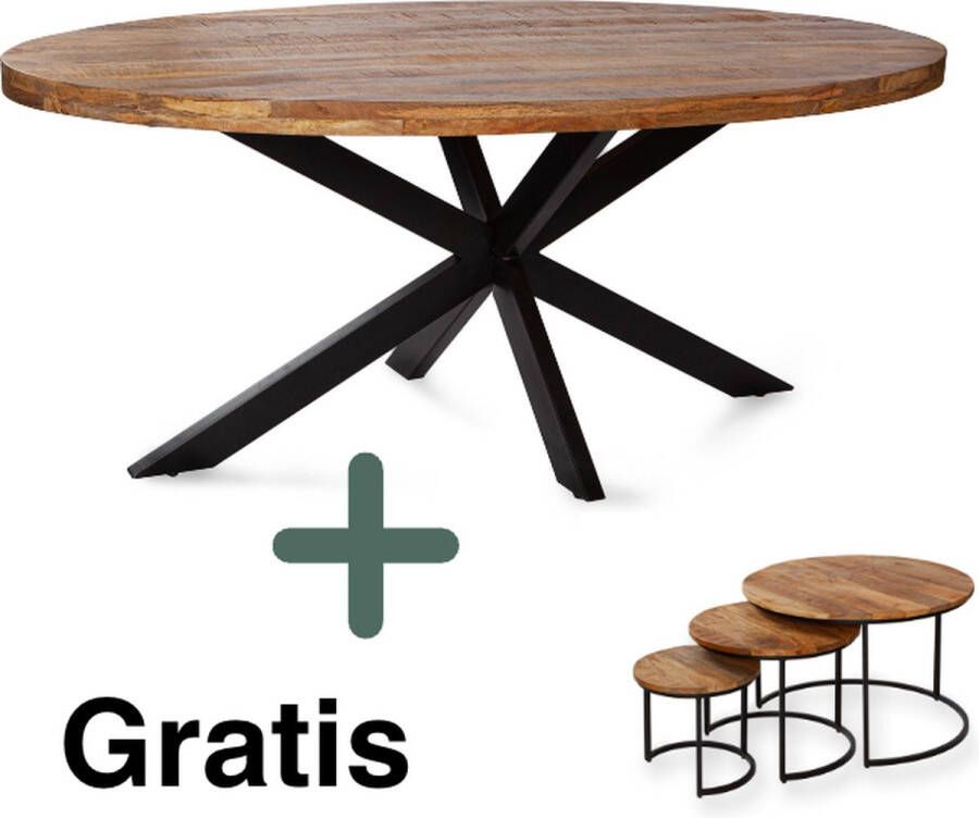 Chair up meubels Zita Home Eettafel Thom + Gratis salontafel set van 3 ovaal 240 x 100 cm Mango hout dik blad met metalen matrix zwart