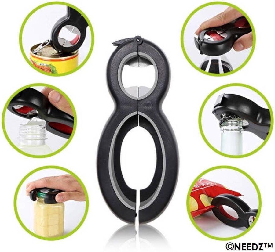 Cheapass Multifunctionele Opener Fles Opener Bier Opener Pot opener Deksel opener Blik opener 6 in 1 Blikopener Ouderen opener Zwart