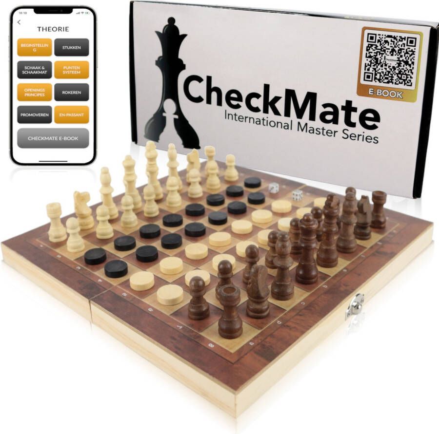 CHECKMATE IM Series 3-in-1 Schaakbord Damspel & Backgammon – Schaakbord met Schaakstukken – Schaakset – Hout – Dambord met Damstenen – Damset – Backgammon – Backgammon Koffer