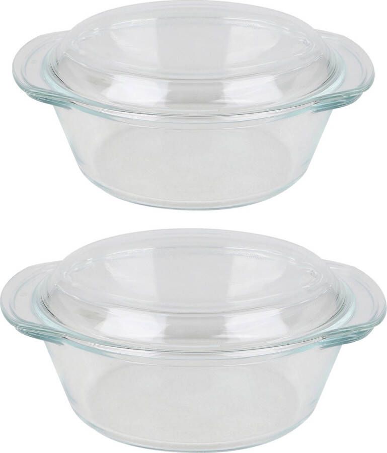 Merkloos Chef Traiteur Ovenschalen set met deksel rond borosilicaat glas 1.5 en 2.1 Liter Ovenschalen