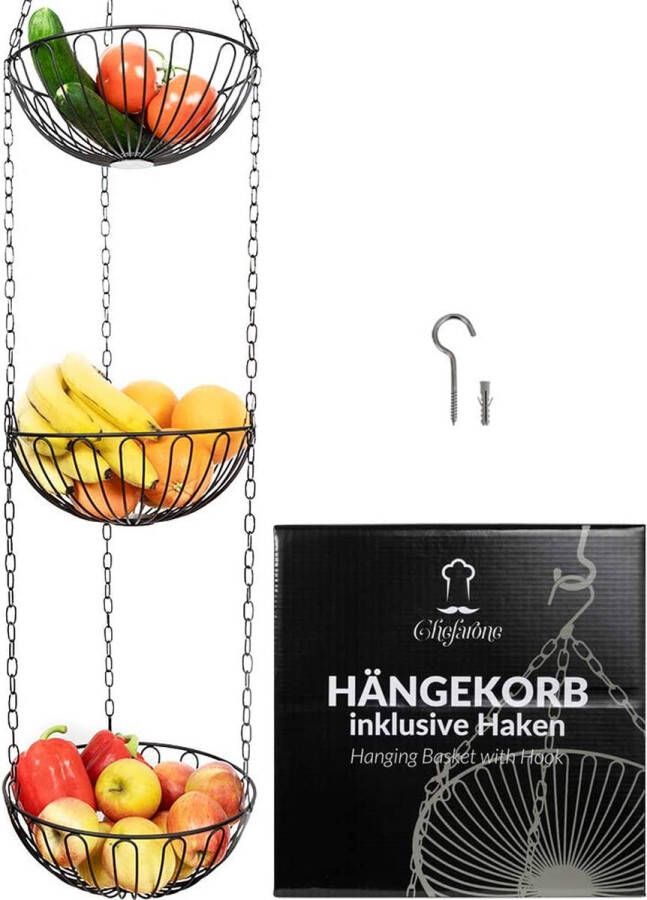 Chefarone Hangende Fruitmand – Fruitschaal – Keukenhanger – Fruithangmand – 130 CM – 3 Manden Zwart