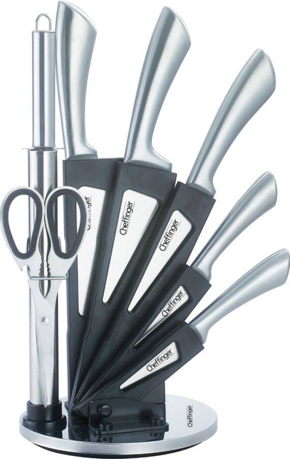 Cheffinger 8 delige messenset met rvs handvaten en standaard