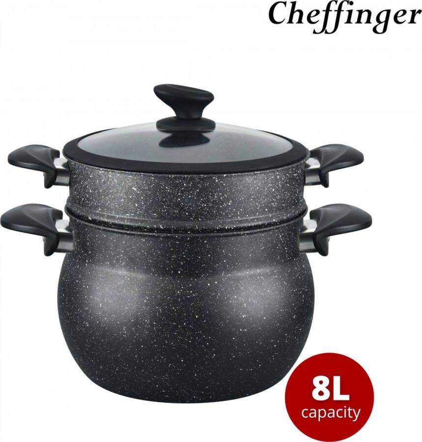 Cheffinger Couscouspan met Glazen Deksel Couscoussier Stoompan 8L Inductie Zwart