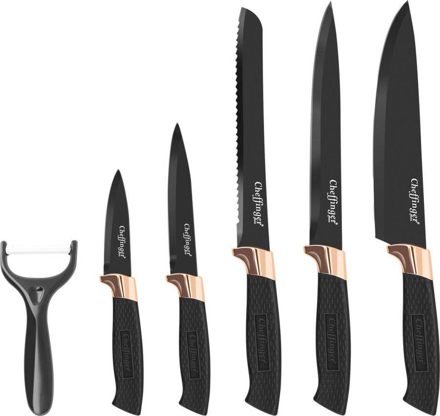 Cheffinger CF-KB01: 7 Pieces Knife Set Black with Rose Gold Trim