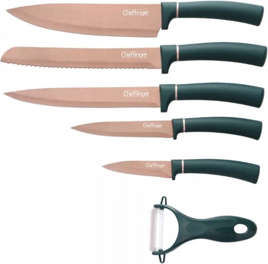 Cheffinger CF-MB10: 6-delige messenset met marmercoating Titanium Gold-collectie + groen