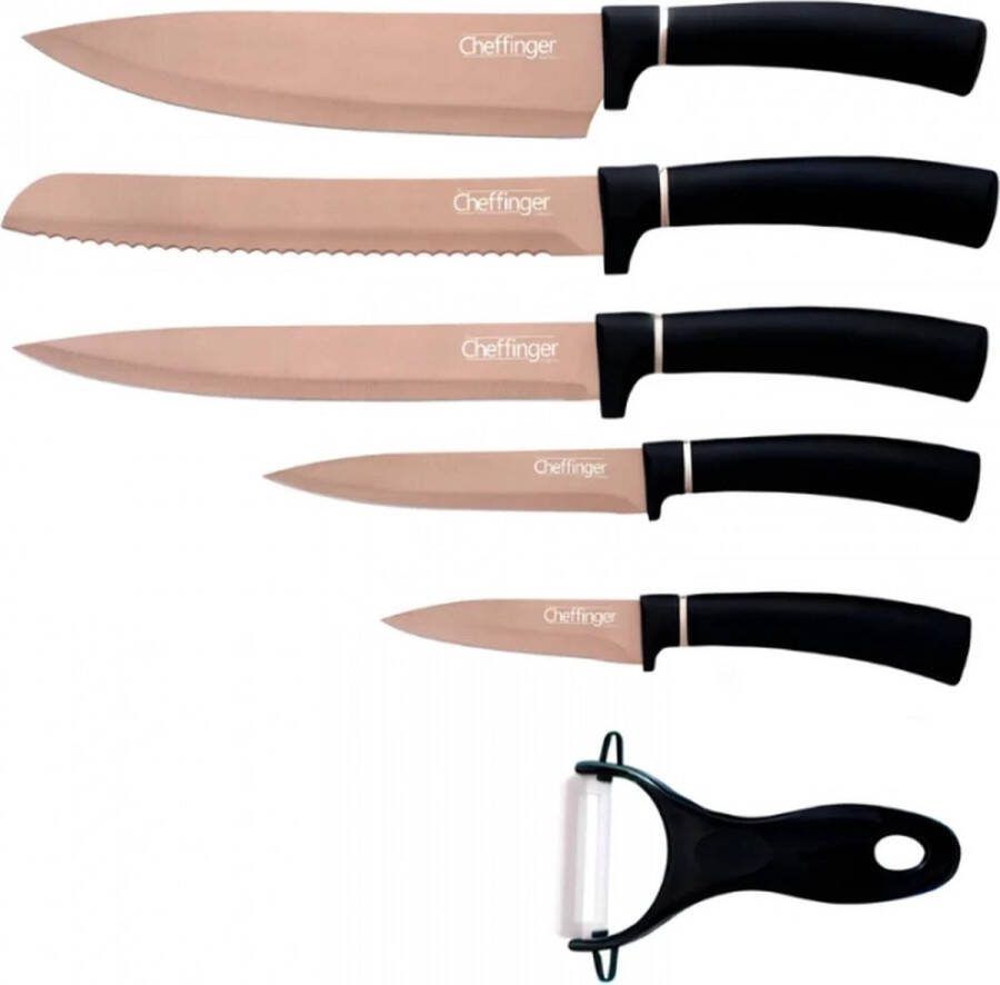 Cheffinger CF-MB12: 6-delige messenset met marmercoating Titanium Gold-collectie + zwart