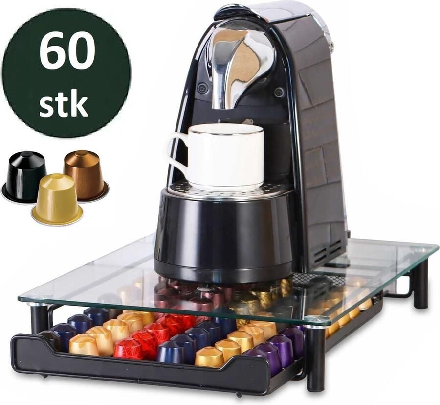 Cheffinger Glazen Capsule Houder met Lade 60 Cups Espresso Koffie Pad en Cups Houder Glas en RVS Zwart