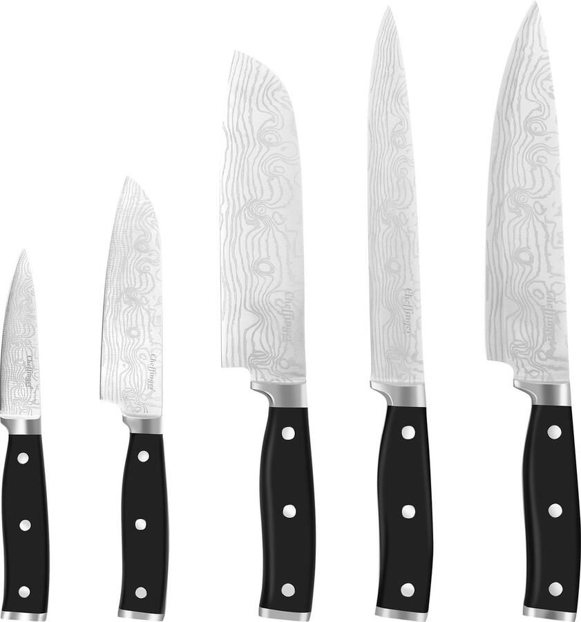 Cheffinger Premium 5-delig Messenset met Rvs Lemmet en Houten Kist Zwart Zilveren