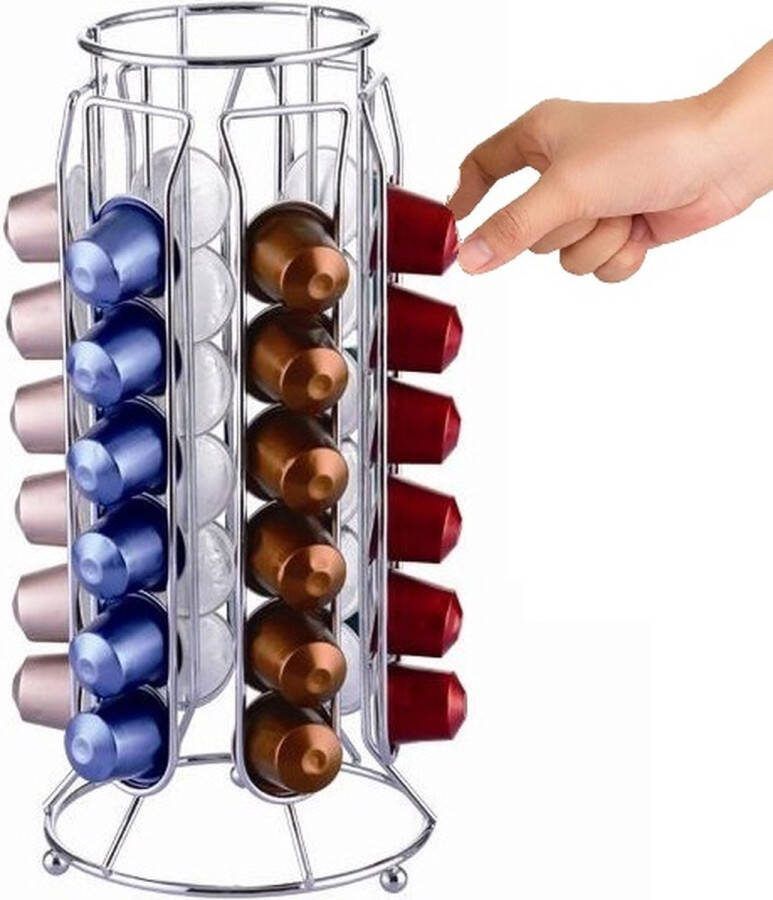 Cheffinger Dispenser voor 36 Nespresso Capsules Slanke Toren van Metaal Zilveren