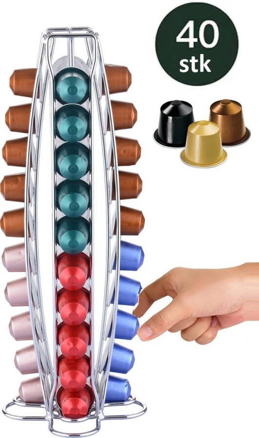 Cheffinger Dispenser voor 40 Nespresso Capsules Slanke Toren van Metaal Zilveren