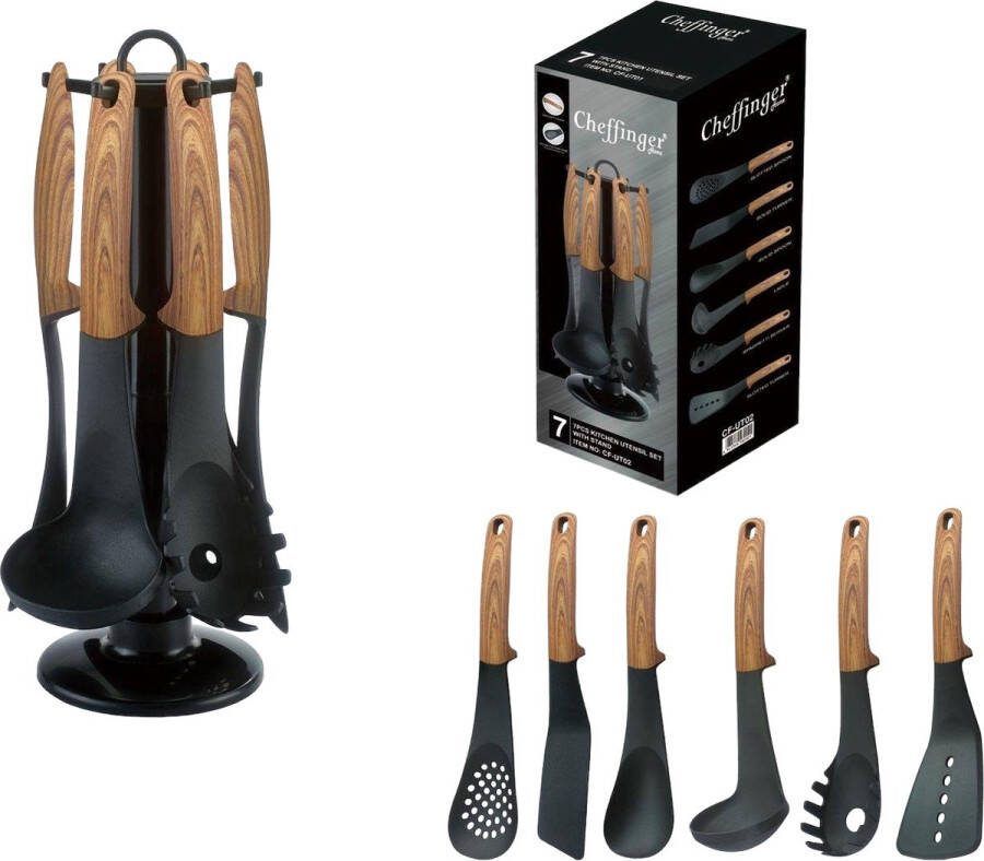 Cheffinger Keukengerei Set 7-delig Hout 360° Draaibare Standaard Kookgerei Set