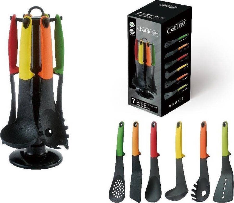 Cheffinger Keukengerei Set 7-delig Multi Kleur 360° Draaibare Standaard Kookgerei Set