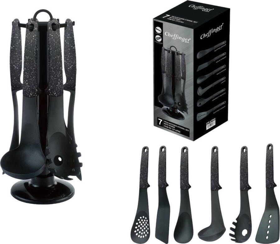 Cheffinger Keukengerei Set 7-delig Zwart 360° Draaibare Standaard Kookgerei Set