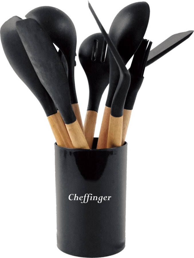 Cheffinger Keukengerei Set met Houder 10-delig Zwart Kookgerei Set