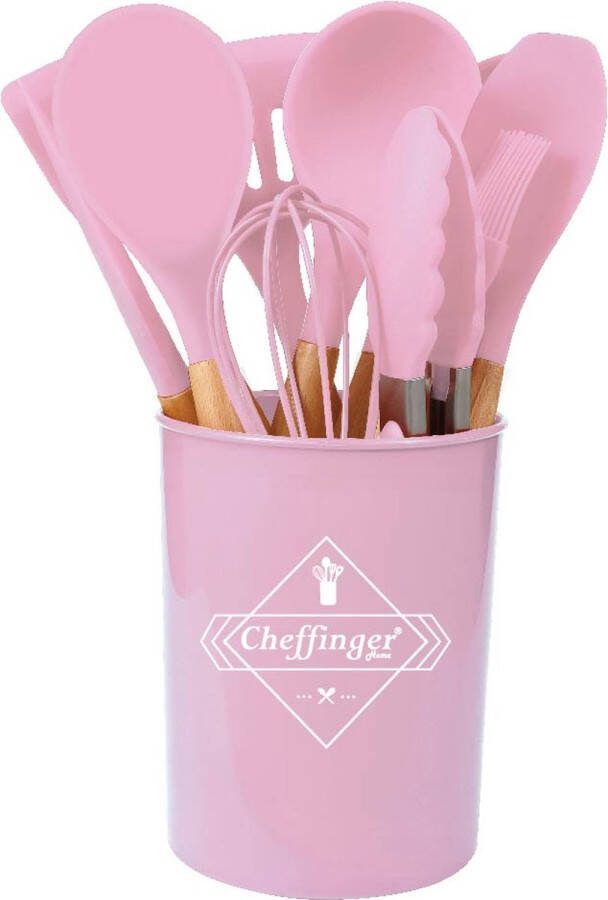 Cheffinger Kookgerei set 12-delig met Houder Roze Keukengerei Set Garde Spatel Silicone