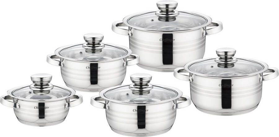 Cheffinger Pannenset 10-delig Zilver RVS Kookpannen Inductie