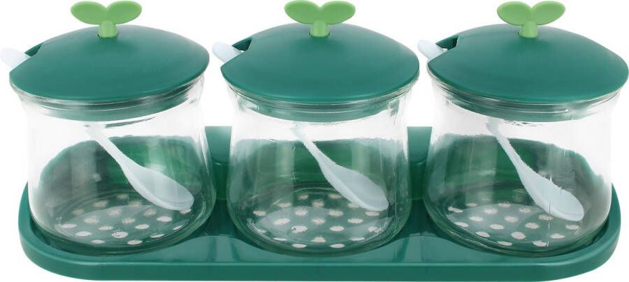 Cheffinger Set van 3 Kruidenpotten in Glas met Dekselen en Plastic Houder Groen