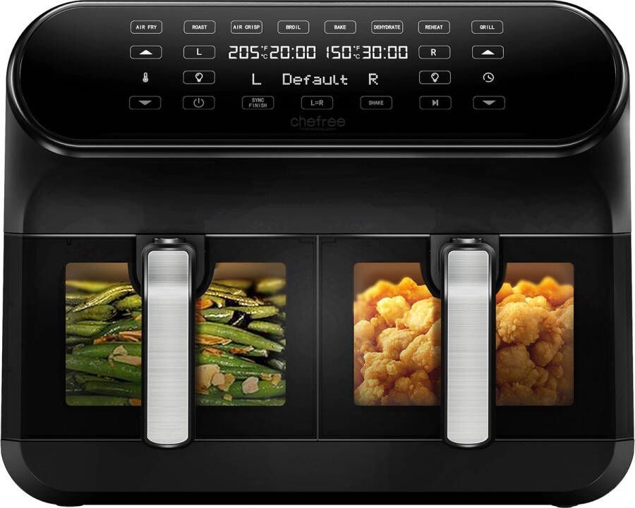 CHEFREE Dubbele Airfryer dual heteluchtfriteuse 8L gezinsformaat voor 6-8 porties 2 kijkvensterladen met antiaanbaklaag 8-in-1 slimme multicooker Max 205℃ Roosteren Grillen Bakken Laag olieverbruik 55dB Zwart AFW20