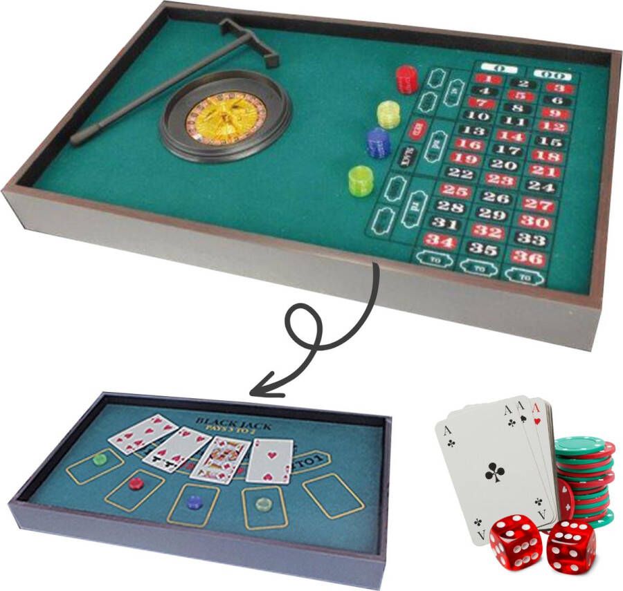 Cheqo 2-in-1 Casino Speeltafel Pokertafel Roulette en Blackjack Dubbelzijdig Speelmat Inclusief Kaarten Dobbelstenen Pokerchips Roulette Wiel & Hark MDF Plaatmateriaal 52 x 32 x 6.5 cm Speelkleed Gezelschapsspel