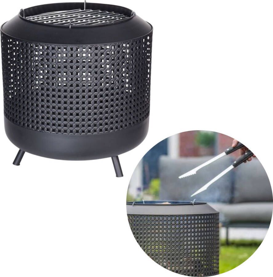 Merkloos 2-in-1 Vuurkorf met BBQ Rooster Barbecue Terrashaard Houtkachel Tuinhaard Terrasverwarming Vuurkorf Zwart Inclusief Rooster 51cm Hoog 50cm Diameter