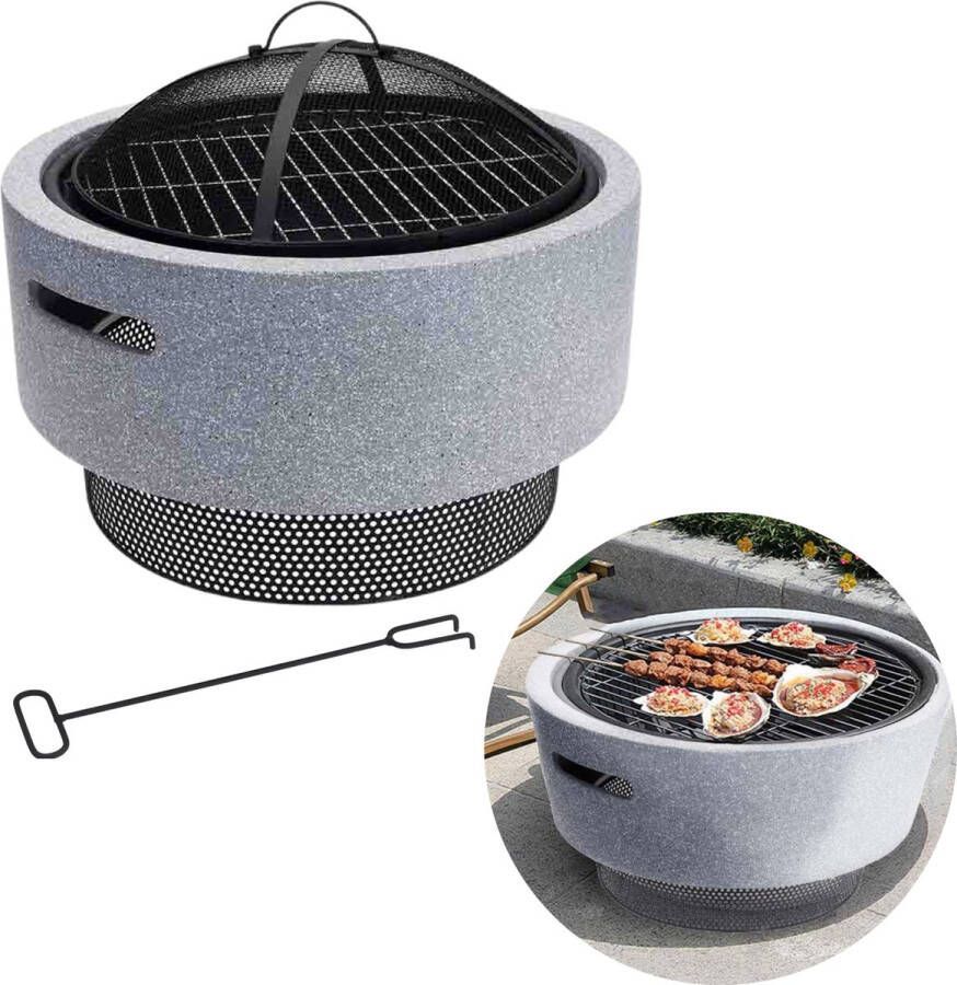 Cheqo 2-in-1 Vuurschaal met BBQ Rooster Barbecue Terrashaard Houtkachel Tuinhaard Terrasverwarming Vuurkorf Grijs Inclusief Rooster en Pook 30cm Hoog ø52cm