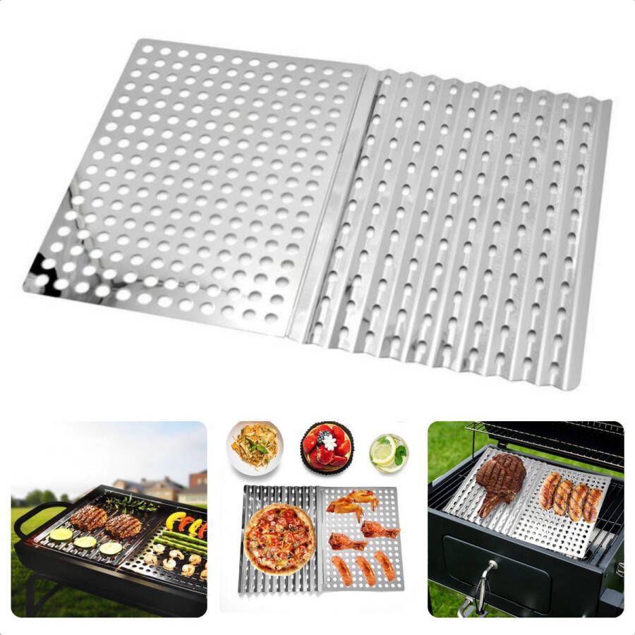 Cheqo 2 Stuks Barbecue RVS Grillplaten Grillrooster Hapjesrooster 30x23cm Vetdruipende Gleufjes Ideaal voor Vlees Groenten Vis Bakplaat voor BBQ Barbecue Grillplaat