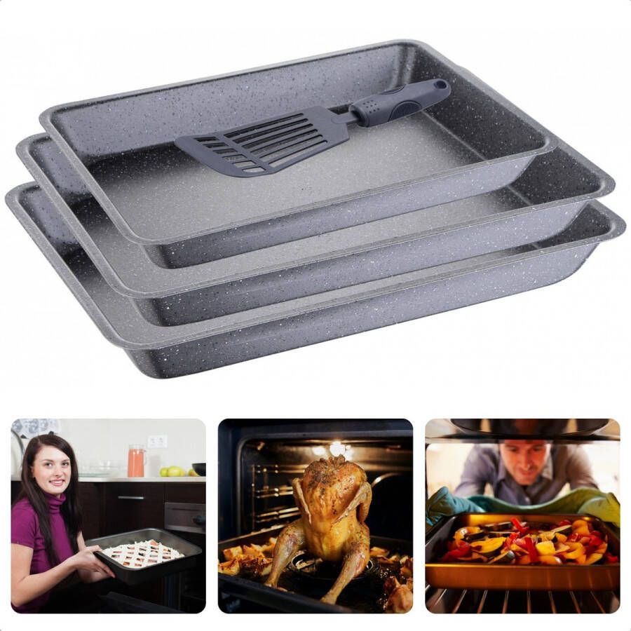 Cheqo 3-Delige Braadslede Set Braadsledes Ovenschaal Marble Coating Met Spatel 3 Formaten