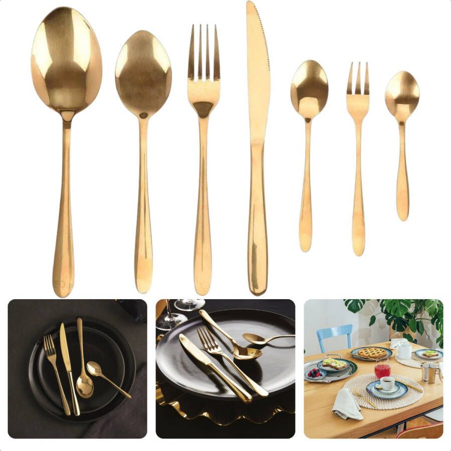 Cheqo 39-delige Bestekset RVS Goud 6 Messen 6 Vorken 6 Eetlepels 6 Dessertlepels 6 Theelepels 2 Saladelepels 6 Dessertvorken 1 Juslepel PVD Coating Vaatwasserbestendig Luxe Gouden Bestekset 6 persoons