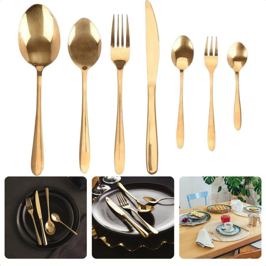 Cheqo 39-delige Bestekset RVS Goud 6 Messen 6 Vorken 6 Eetlepels 6 Dessertlepels 6 Theelepels 2 Saladelepels 6 Dessertvorken 1 Juslepel PVD Coating Vaatwasserbestendig Luxe Gouden Bestekset 6 persoons
