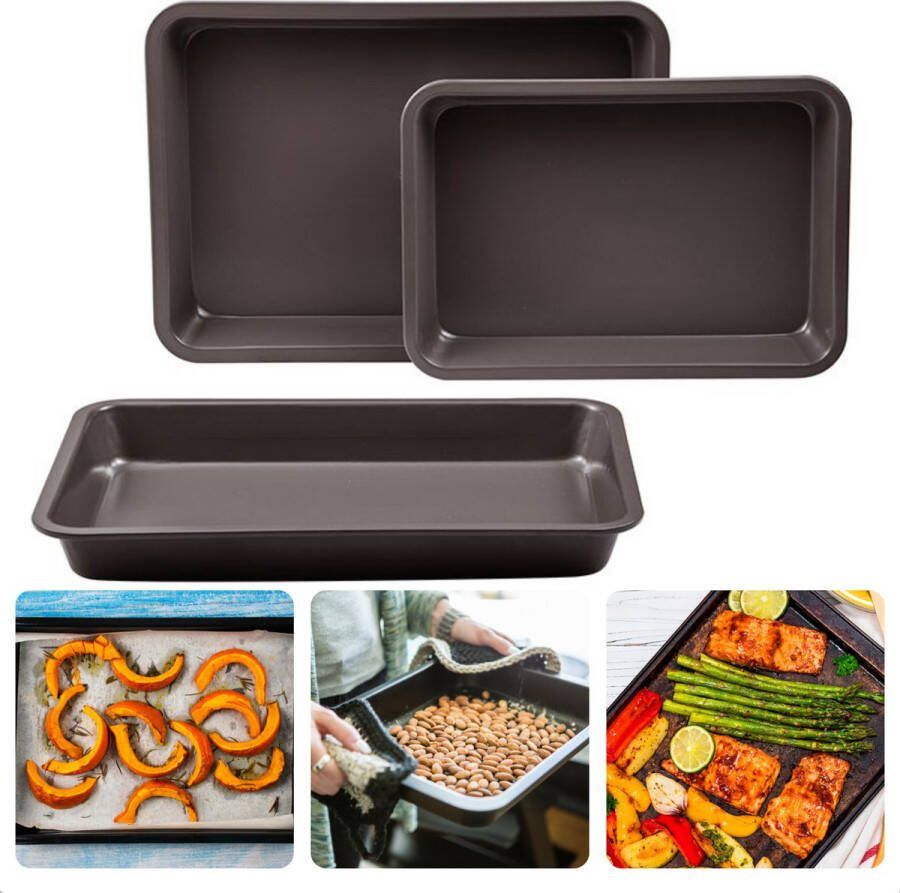 Cheqo 4 Delige Braadslede Set Ovenschotels Braadslee Set Koolstofstaal Chocolade Taupe Non-Stick Krasvast Met 1 Nylon Spatel