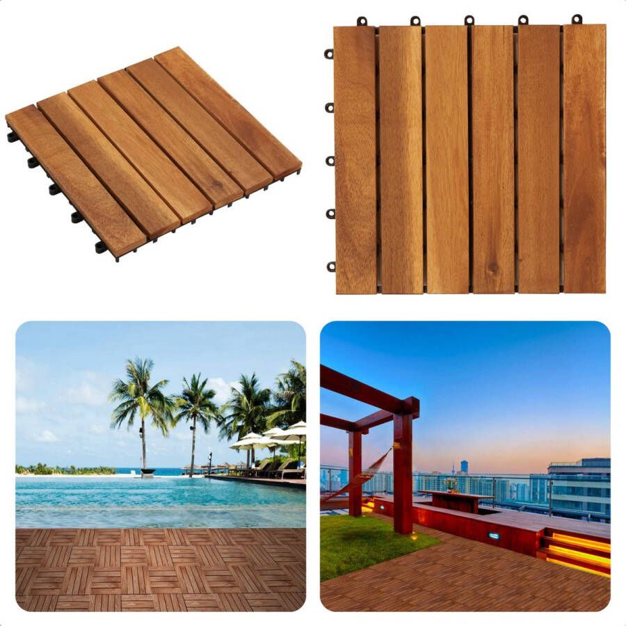 Cheqo Acacia Houten Terrastegels 30x30 cm 9 stuks 0.81m2 Balkon Terras of Vlonder Snelle Montage Vlondertegel Tuintegels Terrasplanken Balkon vloer Kliktegels Buiten tegels Warme Uitstraling