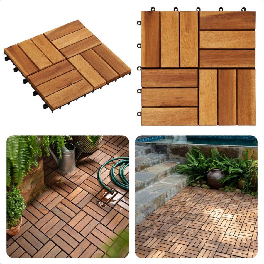 Cheqo Acacia Houten Terrastegels Mozaïek 30x30 cm 9 stuks 0.81m2 Balkon Terras of Vlonder Snelle Montage Vlondertegel Tuintegels Terrasplanken Balkon vloer Kliktegels Buiten tegels Warme Uitstraling