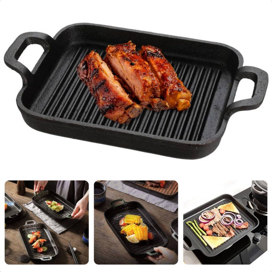 Cheqo Barbecue Grillplaat Gietijzer 20x18x2 5cm Ideaal voor BBQ Duurzaam en Sterk Groenten Vlees Vis Betrouwbare keuze Met Handvatten 28 5x18x4 5cm 1 8kg Voor Thuis Voor op De Camping Grillpan Anti-Aanbaklaag