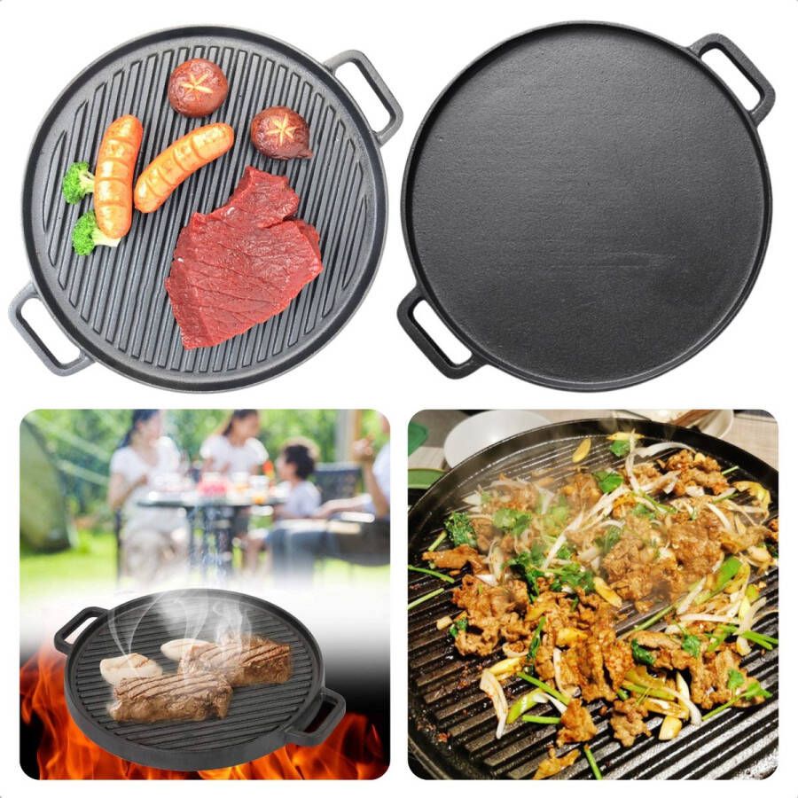 Cheqo Barbecue Plancha Pan BBQ Grillplaat Grillpan Gietijzer ø30cm x h2cm 2 Handvaten 3 2kg Ideaal voor BBQ