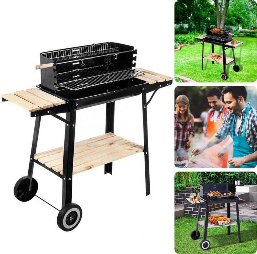 Cheqo Barbecue Verrijdbaar BBQ op Wielen Houtskool BBQ Buitenkeuken 45x31cm 6kg Windscherm met Gleuven 2 Wielen Verstelbaar