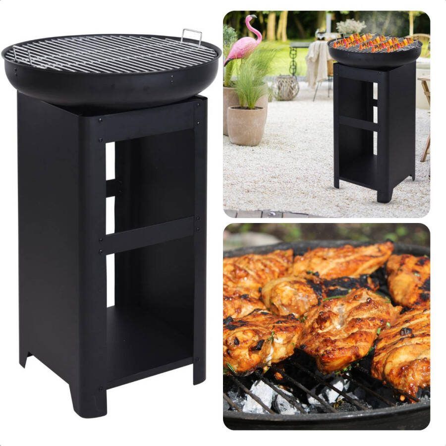 Cheqo BBQ Grill met Opslag en Vuurkorf Grillring Plancha Grote Grilschaal en Houtskool Grillplaat Houtskoolbarbecue Hoge BBQ
