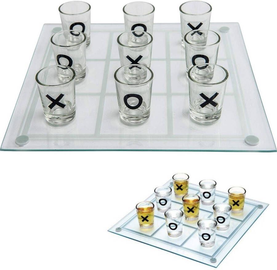 Cheqo Boter Kaas en Eieren Drinkspel Kruisje Nulletje Drankspel Met Speelbord en Shotglazen 25x25cm