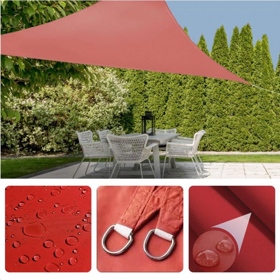 Cheqo Schaduwdoek Driehoek Terra Rood Waterafstotend Polyester 100% Met Touw Verpakt in Afsluitbare Draagzak 3x3x3m