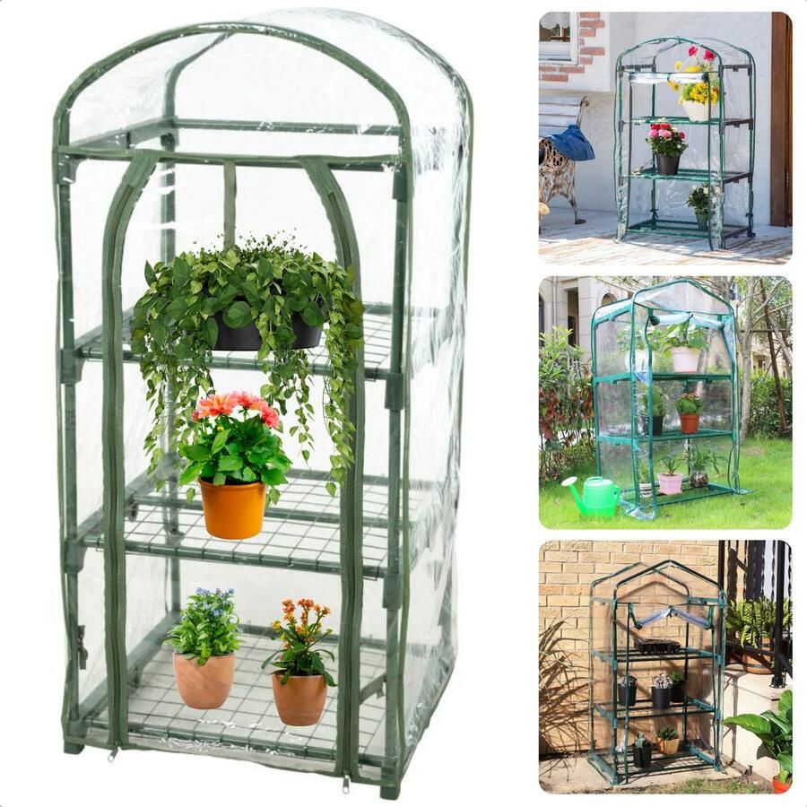 Cheqo Transparante Tuinkas Kweekkas Broeikas met 3 Verdiepingen Roldeur 50x45x105 cm Plantenkas voor Buiten