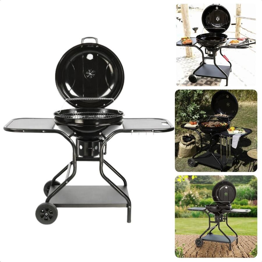 Cheqo Verrijdbare BBQ met Zijtafels XL 133x65x101cm Houtskoolbarbecue Luxe Uitvoering 2 Grote Wielen Geschikt voor Houtskool & Briketten 56 cm Kogelbarbecue 54 cm Grillgedeelte 82-96cm Grillhoogte Incl. Thermomete