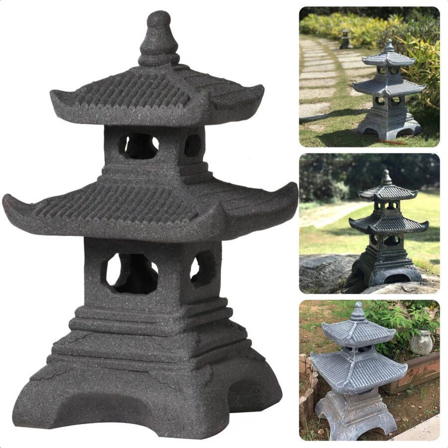 Cheqo Chinees Tuinbeeld Pagode Beeld Tempel Beeld MGO Lichtbeton Antraciet 30x30xH50cm 6.5kg