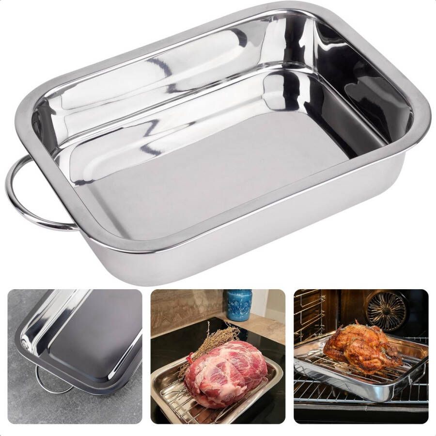 Cheqo Diepe Ovenschaal RVS Braadslee Lasagneschaal Grote Bakvorm 32x23cm Bakvorm met Handgrepen Roestvrijstalen Bakvorm 4 Liter Inhoud Geschikt voor Oven en Koelkast Vaatwasserbestendig