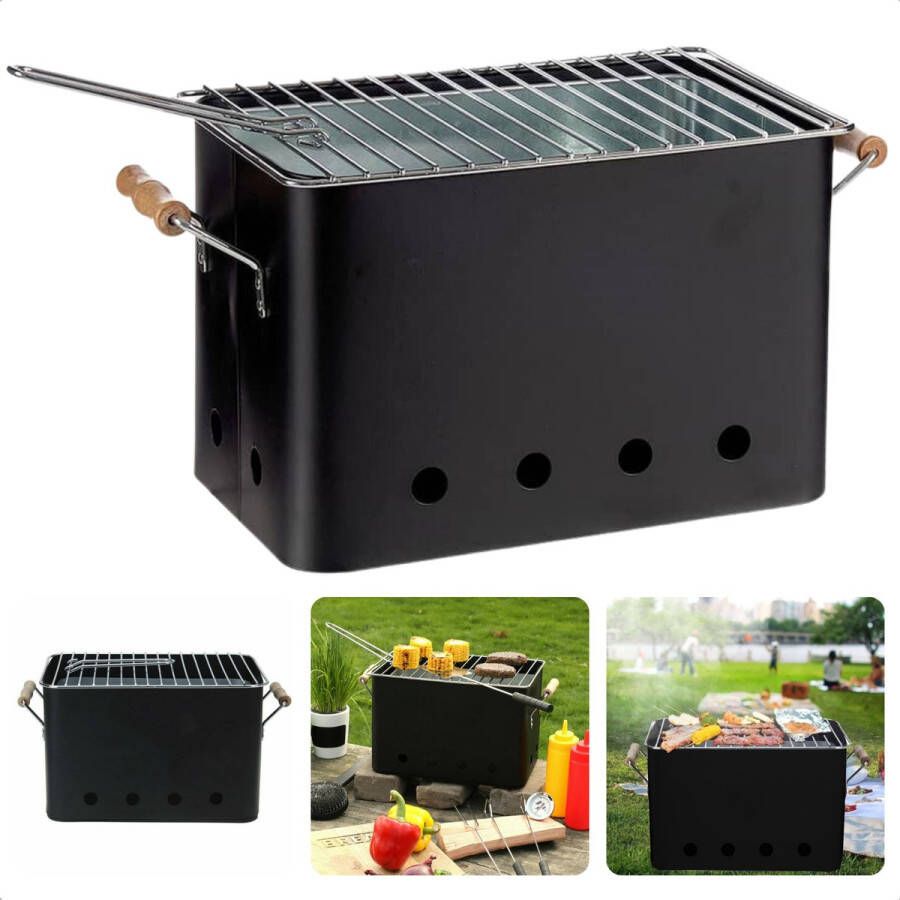 Cheqo Draagbare BBQ Kleine Barbecue voor Camping Houtskoolbarbecue Compact Ontwerp 72x24cm Zwart