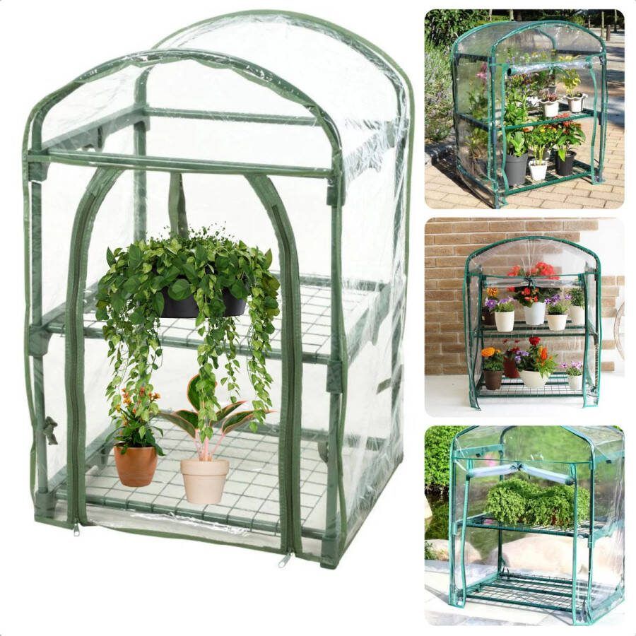 Cheqo Duurzame Plantenkas Tuinkas 2 Verdiepingen 50 x 45 x 84 cm Mini-kas voor Tuinliefhebbers Kweekkas