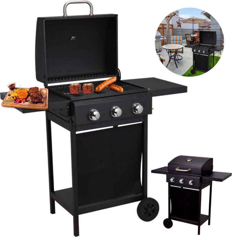 Cheqo Gas Barbecue met Branders BQQ 106 x 53 x H102 cm Buitenkeuken Verrijdbaar 2 Zijtafels Thermometer Gepoedercoat Metaal 14.7 kg Zonder Slang & Drukregelaar