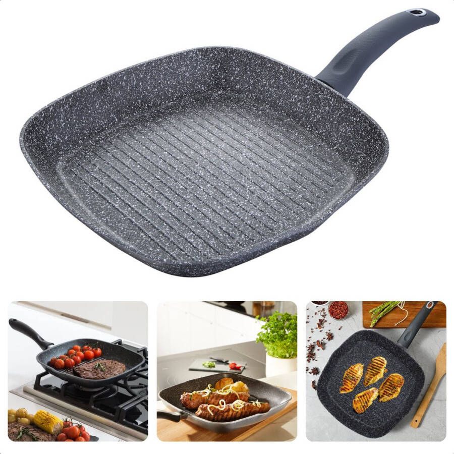 Cheqo Grillpan Inductie ø28cm Alle Warmtebronnen Steakpan Gesmeed Aluminium 4-laags marmer coating PFOA-vrij Geen lood cadmium Soft Touch handgreep Vaatwasmachine bestendig