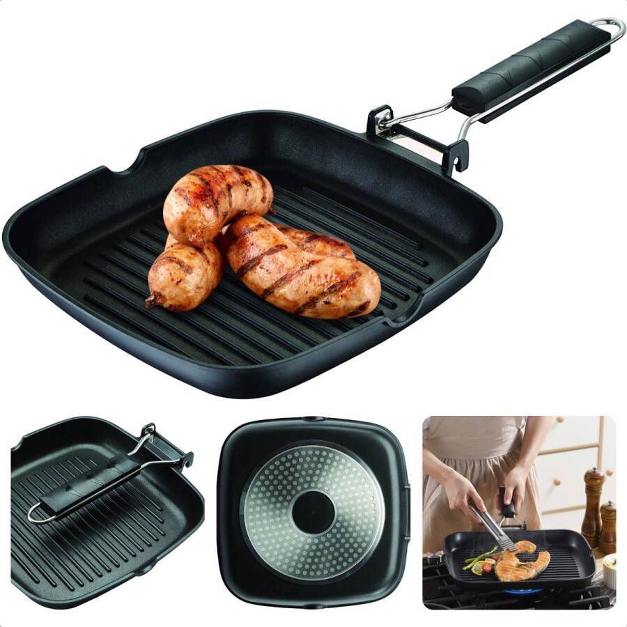 Cheqo Grillpan Met Inklapbaar Handvat Gietaluminium 24x24x3 7 cm Inductiegeschikt Vaatwasserbestendig Lichtgewicht Ruimtebesparend Design Voor Alle Warmtebronnen Steakpan Warmtebestendige Handgreep