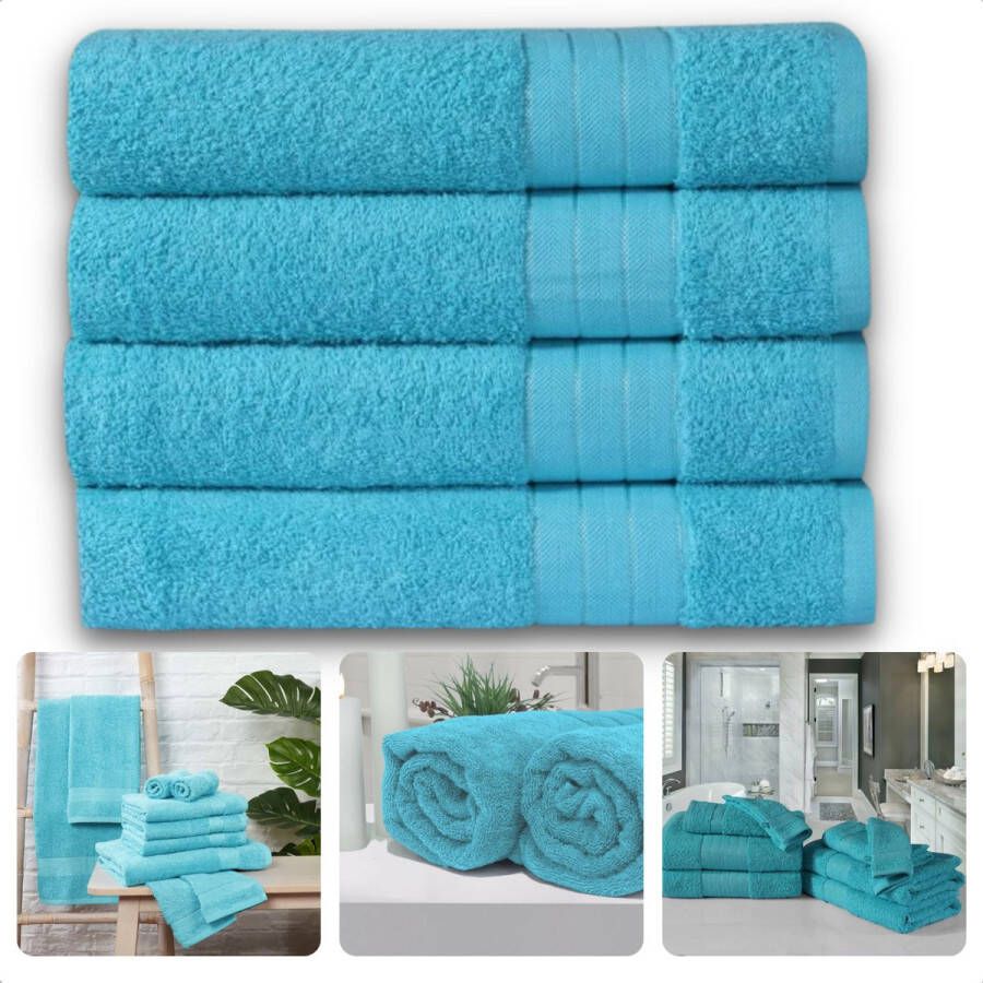 Cheqo Handdoeken Set van 4 Stuks Aqua Blauw 50 x 100 cm 100% Katoen 500 gr m2 Handdoek Hotel Kwaliteit Handdoek Badkamer Zware Kwaliteit Luxe Uitvoering Extra Zacht & Stevig Handdoekenset Badhanddoeken